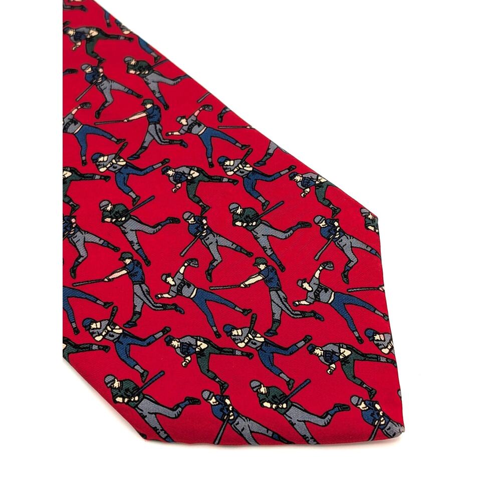 Vintage 90s Bert Pulitzer Silk Tie Red Baseball Novelty Preppy Retro Americana